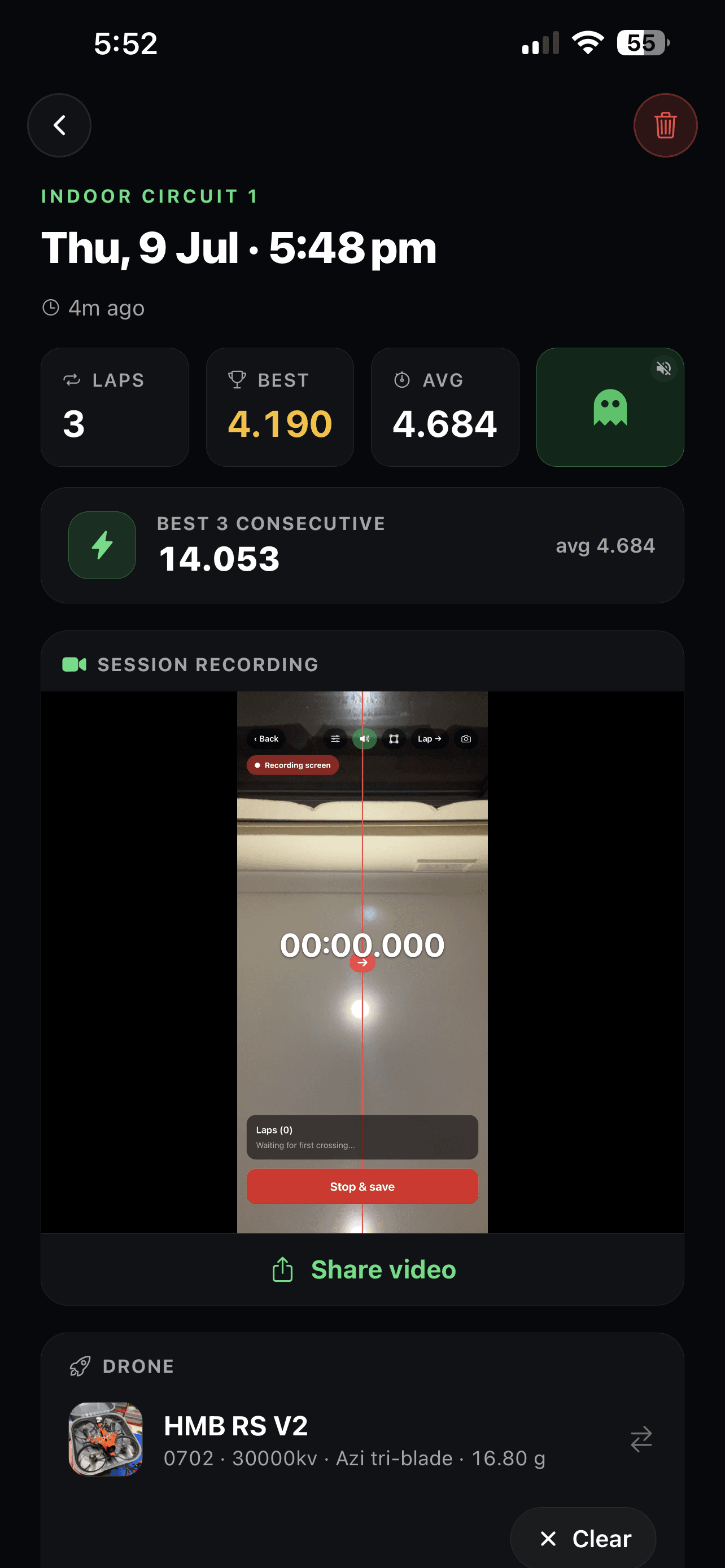 Session summary screen with best and average laps and an embedded screen recording