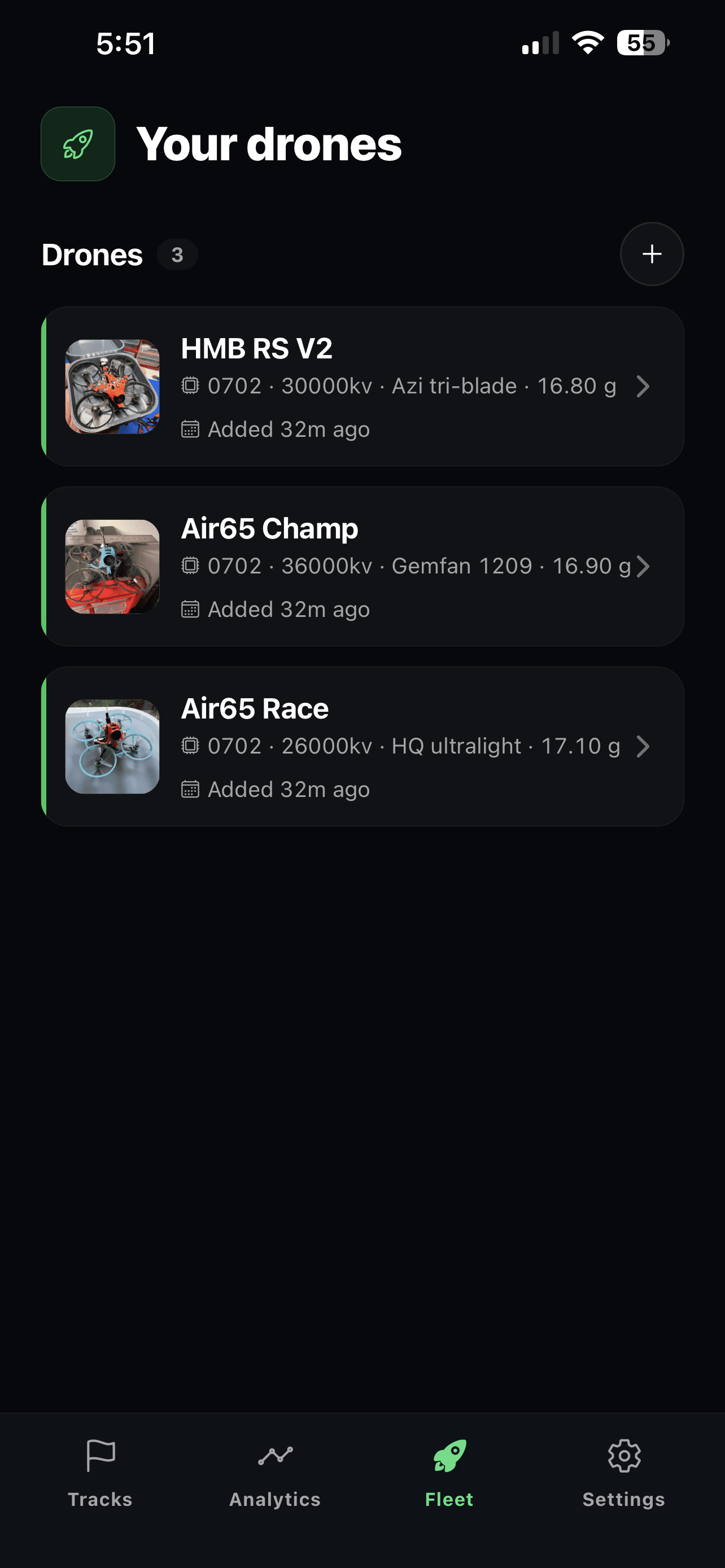 Fleet screen listing three drones with photos and full specs
